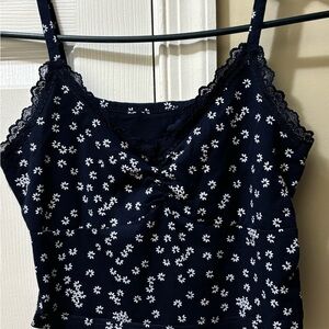 Shein Crop Tank Top Womens Medium Blue Floral Ditsy Daisy Print Lace Trim Cute